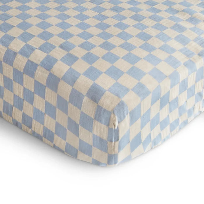 Mushie - Extra Soft Muslin Crib Sheet in Blue Check