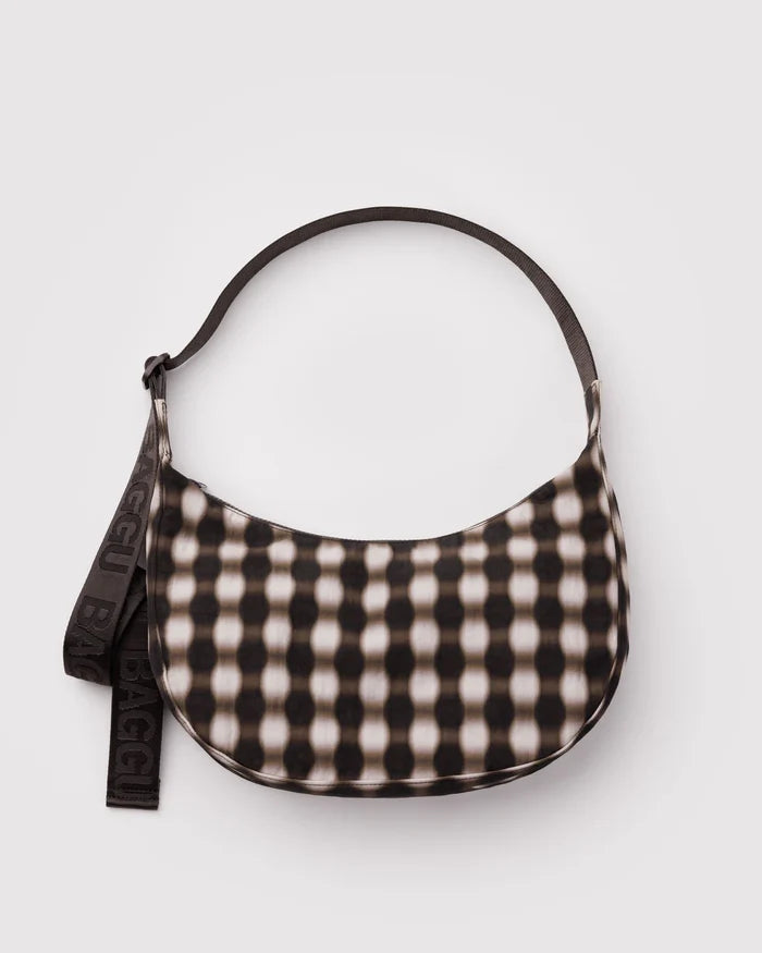BAGGU - Medium Nylon Crescent Bag in Blurred Gingham Brown