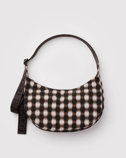 BAGGU - Medium Nylon Crescent Bag in Blurred Gingham Brown