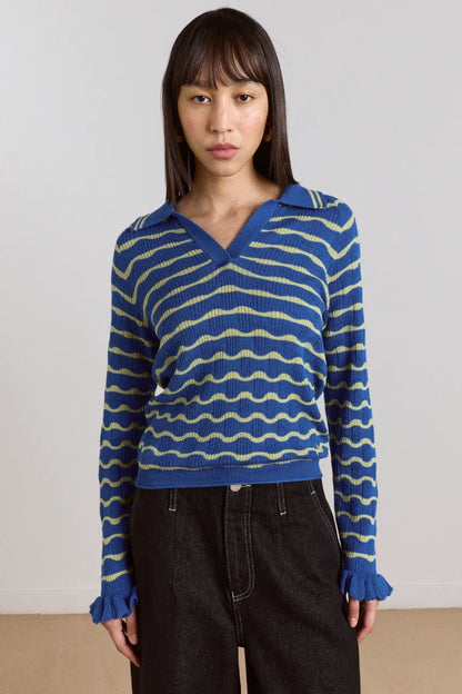 Damson Madder – Silvia Knitted Stripe Polo Sweater in Blue Mint