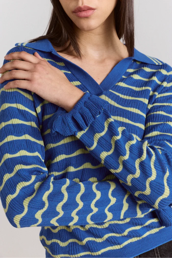 Damson Madder – Silvia Knitted Stripe Polo Sweater in Blue Mint