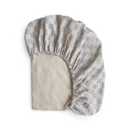 Mushie - Extra Soft Muslin Crib Sheet in Blue Check