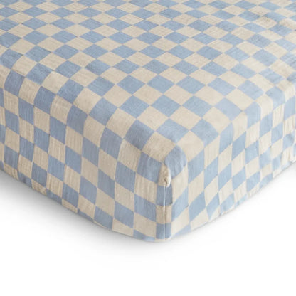 Mushie - Extra Soft Muslin Crib Sheet in Blue Check
