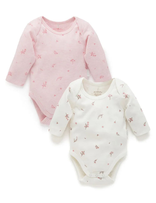 Purebaby Organic Easy Neck Long Sleeve Bodysuit 2 Pack - Pale Pink Blossom