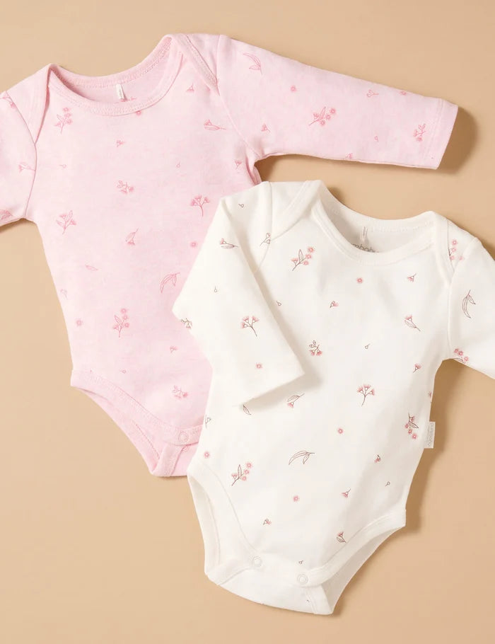Purebaby Organic Easy Neck Long Sleeve Bodysuit 2 Pack - Pale Pink Blossom