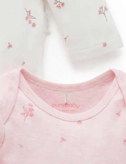 Purebaby Organic Easy Neck Long Sleeve Bodysuit 2 Pack - Pale Pink Blossom