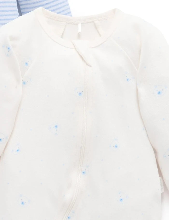 Purebaby Organic Zip Growsuit 2 Pack - Pale Blue Bear