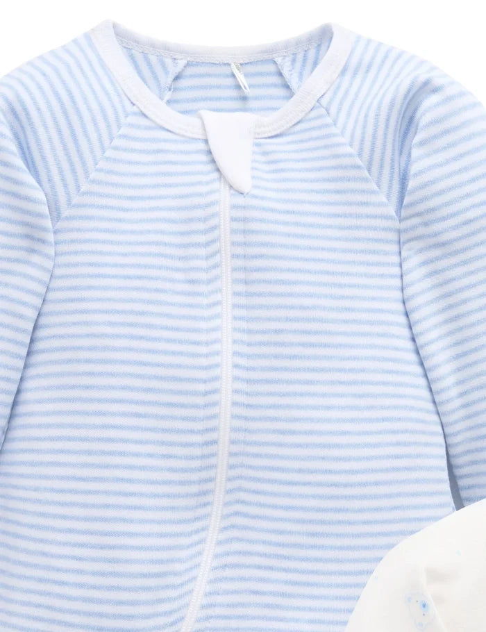 Purebaby Organic Zip Growsuit 2 Pack - Pale Blue Bear