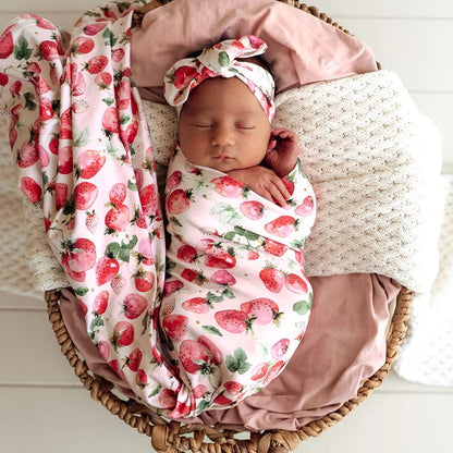 Snuggle Hunny Baby Jersey Wrap & Topknot Set - Strawberry