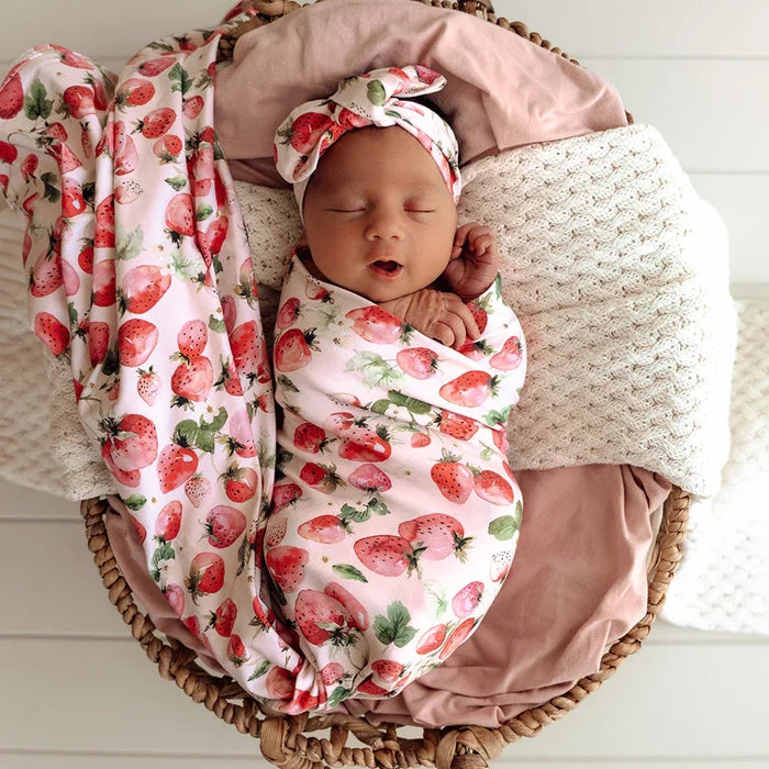 Snuggle Hunny Baby Jersey Wrap & Topknot Set - Strawberry