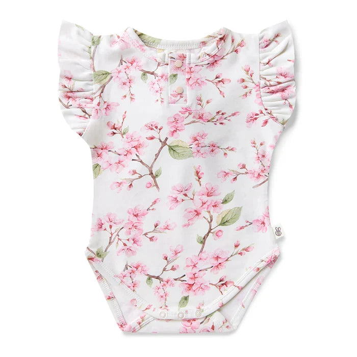 Snuggle Hunny Organic Short Sleeve Frill Bodysuit - Cherry Blossom
