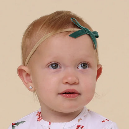 Snuggle Hunny Velvet Bow Stretchy Headband - Pine