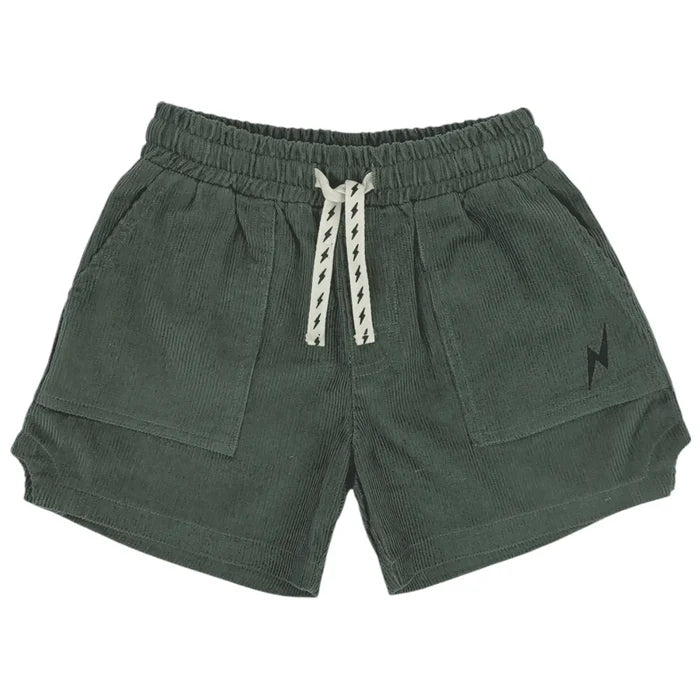 Tiny Whales – Retro Lightning Bolt Shorts in Green Corduroy