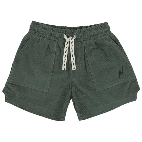 Tiny Whales – Retro Lightning Bolt Shorts in Green Corduroy