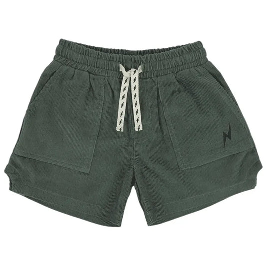 Tiny Whales – Retro Lightning Bolt Shorts in Green Corduroy