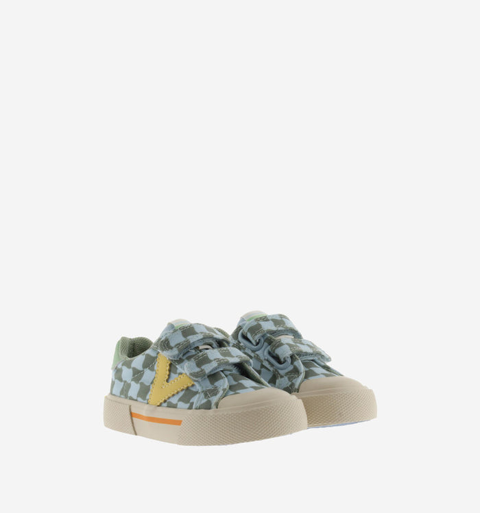 Victoria – Tribu Wide Fit Split Leather & Contrast Kids Sneakers in Kaki Check
