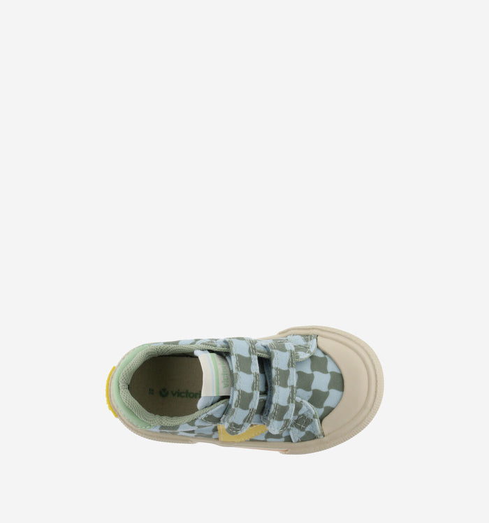 Victoria – Tribu Wide Fit Split Leather & Contrast Kids Sneakers in Kaki Check